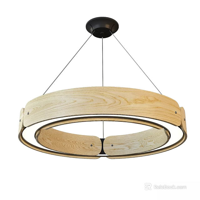 Modern Wooden Circular Chandelier with Double Layer Ring Structure and Natural Grain 3d model