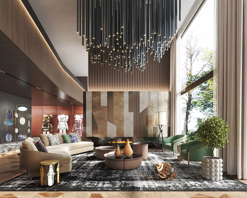 Duplex Living Room Elegant Interior With Modern Chandelier Large Window Comfy Sofa And Green Plant 3d model 