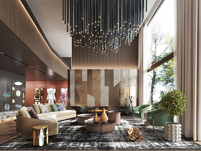 Duplex Living Room Elegant Interior With Modern Chandelier Large Window Comfy Sofa And Green Plant 3d model