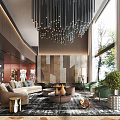 Duplex Living Room Elegant Interior With Modern Chandelier Large Window Comfy Sofa And Green Plant