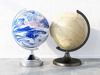 Decorative Globe Ornament Set With Blue Earth And Beige Map On Silver And Black Bases 3d model