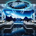 Futuristic KTV Room Interior With Blue Lights Sofas And Screens