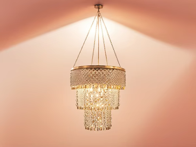 Elegant Multi Tiered Crystal Chandelier With Shiny Crystal Strands And Gold Accents Hanging In Room 3d model