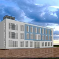 Modern Blue And White Office Building With Large Glass Windows And Parking Area