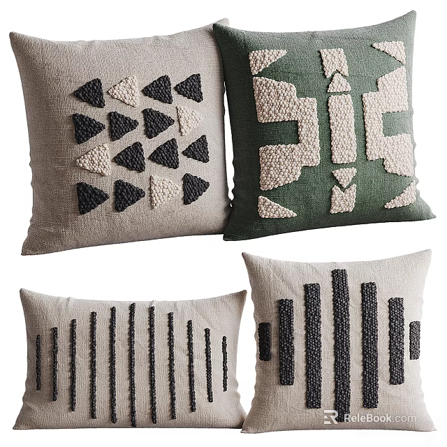 Decorative Beige Green Throw Pillows with Black Triangle Stripe Patterns and Linen Texture 3d model 