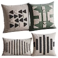 Decorative Beige Green Throw Pillows with Black Triangle Stripe Patterns and Linen Texture 3d model