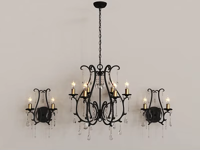 Elegant Black Metal Lighting Combination With Chandelier And Crystal Wall Sconces 3d model