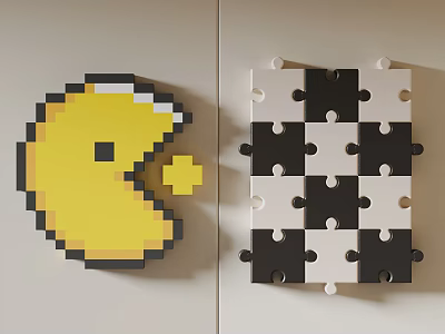 Wall Hangings Of Pixel Pac Man And Checkerboard Puzzle 3d model