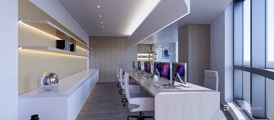Modern Office Interior With Long Work Desk White Chairs Computers Wooden Walls And Ceiling Lighting 3d model 