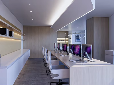 Modern Office Interior With Long Work Desk White Chairs Computers Wooden Walls And Ceiling Lighting 3d model