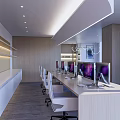 Modern Office Interior With Long Work Desk White Chairs Computers Wooden Walls And Ceiling Lighting