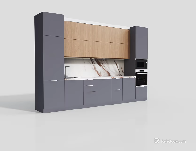 Modern Kitchen Gray and Wooden Cabinets with Marble Countertop and Built-in Oven Sink 3d model 