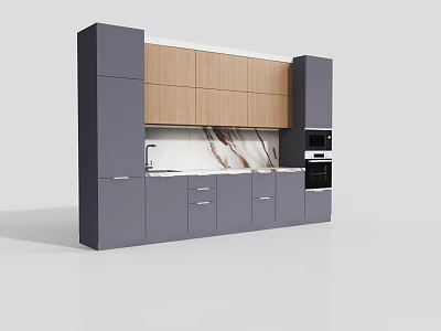 Modern Kitchen Gray and Wooden Cabinets with Marble Countertop and Built-in Oven Sink 3d model