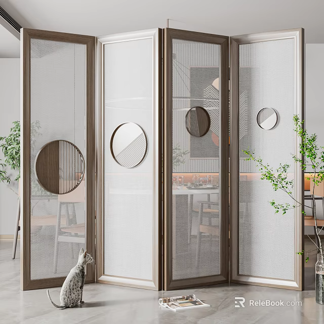 Modern Room Divider Screen with Wooden Frame Circular Decorations and Transparent Panels for Interior Space 3d model 