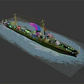 Green Military Warship Sailing on Blue Ocean Waves with Multiple Turrets and Upper Structures