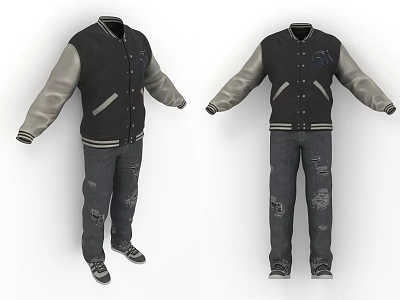 Black And Gray Baseball Jacket With Distressed Jeans Casual Clothing Outfit Design 3d model