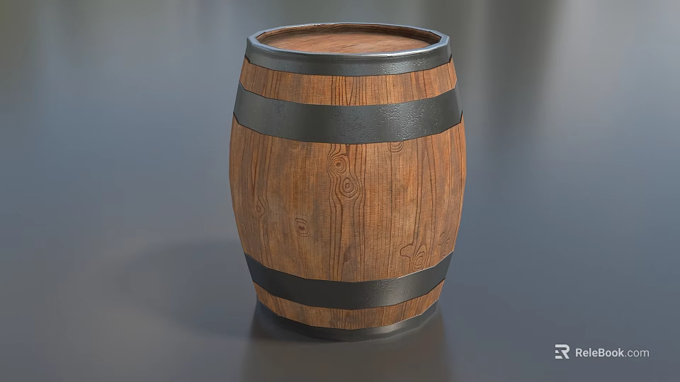 Rustic Wooden Barrel With Black Metal Hoops On Gray Surface Design 3d model 