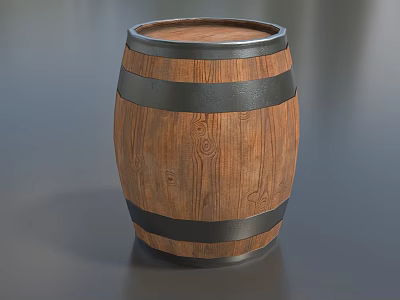 Rustic Wooden Barrel With Black Metal Hoops On Gray Surface Design 3d model