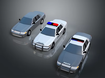 Three Police Cars With Emergency Lights Including White And Gray Vehicles 3d model