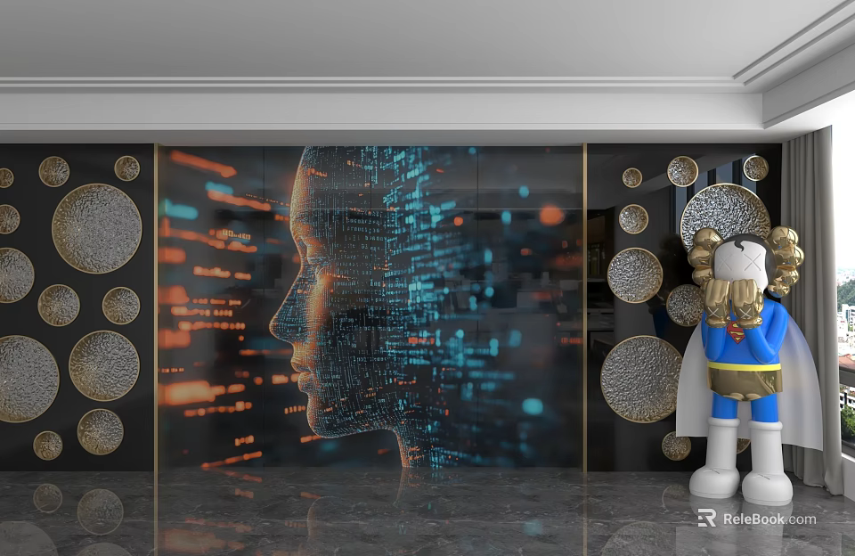 Futuristic Background Wall Design With Digital Art Silhouette Glowing Lines And Circular Decor 3d model 