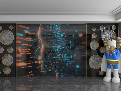 Futuristic Background Wall Design With Digital Art Silhouette Glowing Lines And Circular Decor 3d model