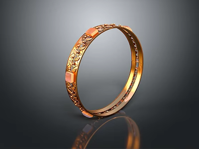 Exquisite Golden Bracelet With Intricate Carved Patterns And Square Gemstone 3d model