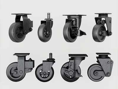 Different Types Of Black Caster Wheels With Swivel And Brake Mechanisms 3d model