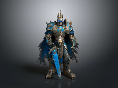 Man In Blue Spiked Armor Holding Glowing Blue Long Sword With Cloak 3d model