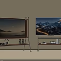 Modern Smart Televisions With Scenery And Mountain Views On Metal Stands Displaying Time Temperature