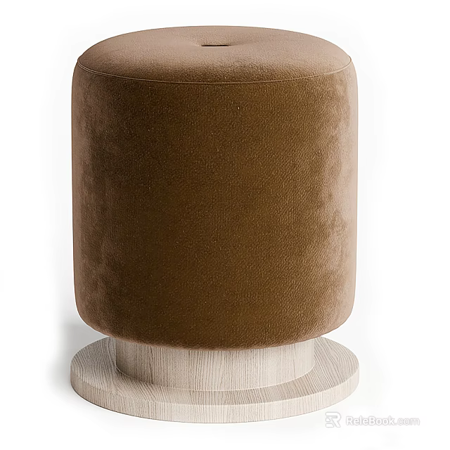 Brown Velvet Cylindrical Sofa Stool With Light Wooden Base And Modern Design 3d model 