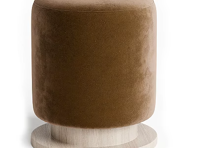 Brown Velvet Cylindrical Sofa Stool With Light Wooden Base And Modern Design 3d model