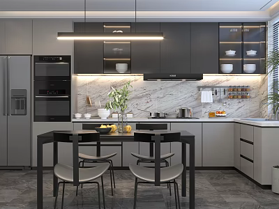 Modern Kitchen Interior Design With Pendant Lights Black Dining Table Chairs Marble Backsplash And Appliances 3d model