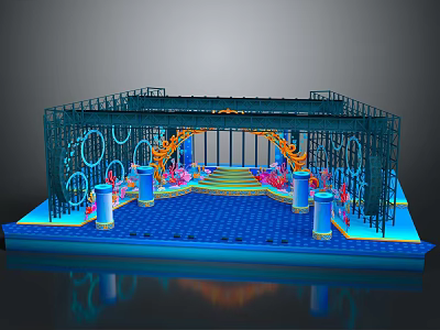 Ornate Stage With Metal Frame Blue Floor Decorative Arch Orange Pink Decor And Glowing Platform 3d model