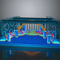 Ornate Stage With Metal Frame Blue Floor Decorative Arch Orange Pink Decor And Glowing Platform