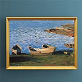 Landscape Painting of Colorful Boats on Beach with Blue Ocean and Sky in Golden Frame