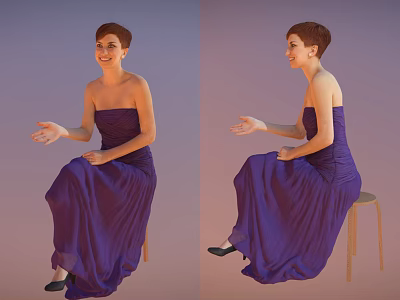 Smiling Woman Wearing Purple Strapless Long Dress Sitting On Chair Gesturing 3d model