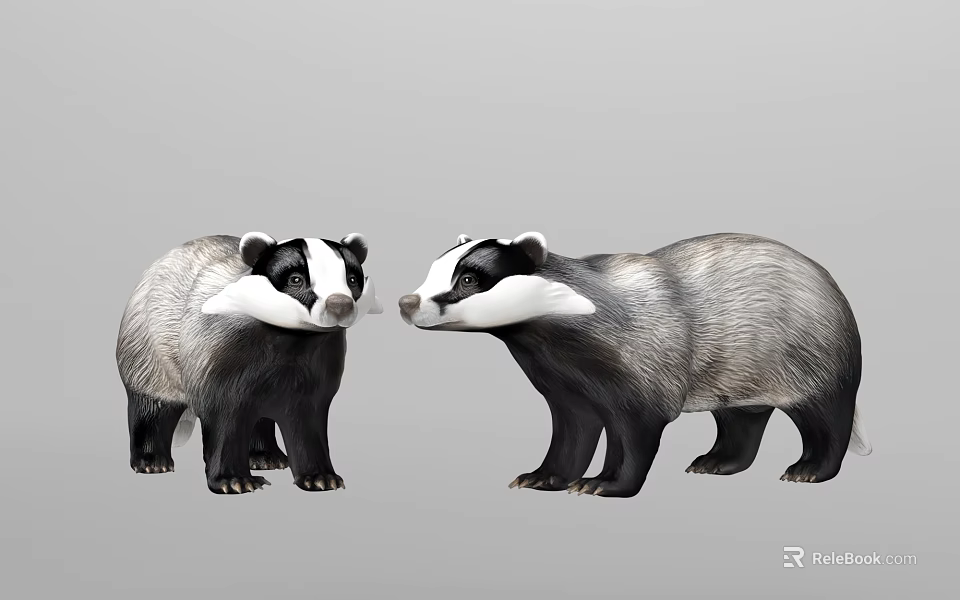 Two Badgers With Gray White Fur And Black Facial Stripes In Standing Pose 3d model 