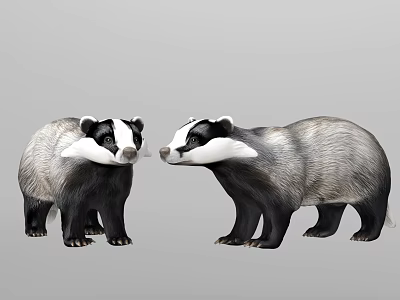 Two Badgers With Gray White Fur And Black Facial Stripes In Standing Pose 3d model