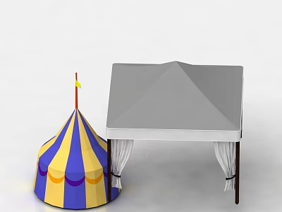 Gray Swing Door With Curtains Next To Blue And Yellow Dome Shaped Tent 3d model