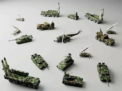 Various Military Camouflage Toy Models Including Tanks Helicopters And Missile Launchers 3d model