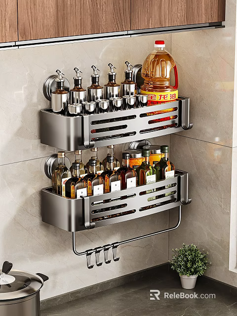 Space Saving Kitchen Wall Mounted Rack With Spice Bottles Oil Containers And Metal Shelves 3d model 