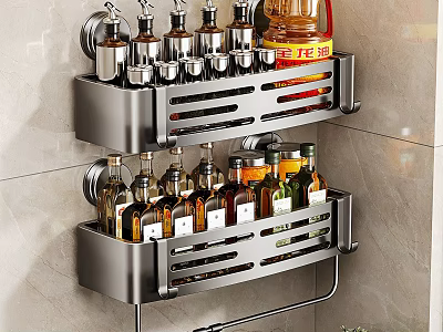 Space Saving Kitchen Wall Mounted Rack With Spice Bottles Oil Containers And Metal Shelves 3d model