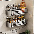 Space Saving Kitchen Wall Mounted Rack With Spice Bottles Oil Containers And Metal Shelves