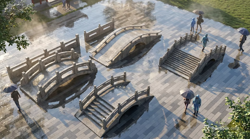 Stone Landscape Bridges with Arch Design Wet Pavement Greenery and People Walking with Umbrellas 3d model 