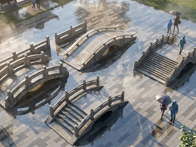 Stone Landscape Bridges with Arch Design Wet Pavement Greenery and People Walking with Umbrellas 3d model