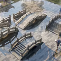 Stone Landscape Bridges with Arch Design Wet Pavement Greenery and People Walking with Umbrellas