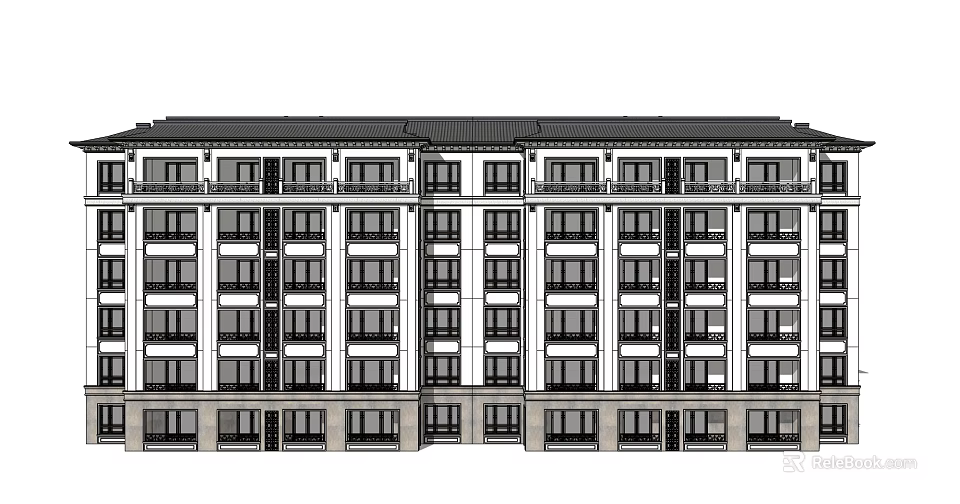 Multi Story Building Exterior Design With Balconies And Window Frames 3d model