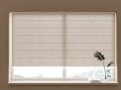 Beige Linen Roman Shade Curtain For Window With Potted Plant And Natural View 3d model