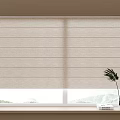 Beige Linen Roman Shade Curtain For Window With Potted Plant And Natural View