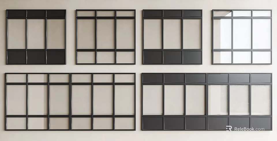 Various Black Window Frames With Different Grid Designs On White Background 3d model